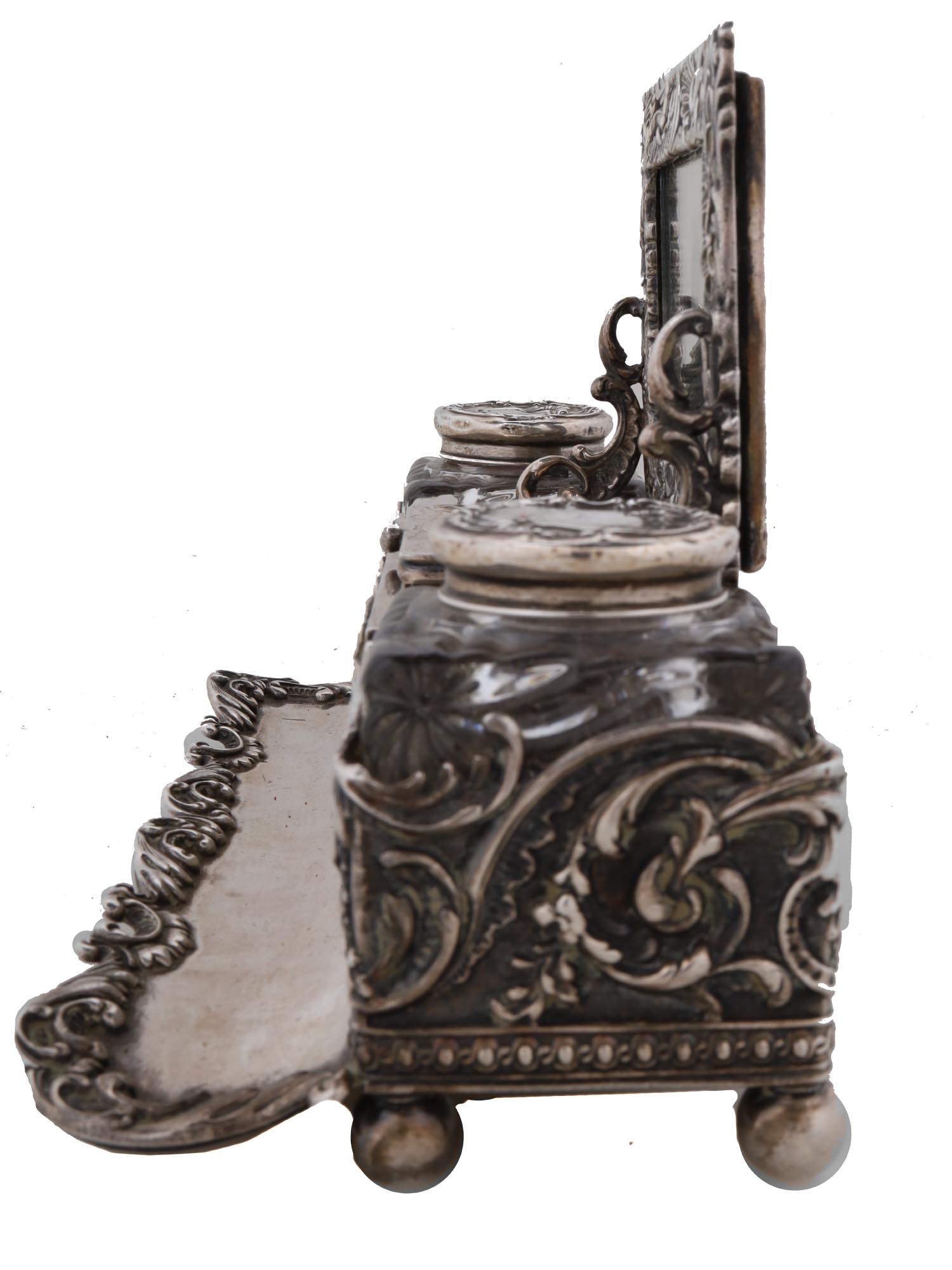 ANTIQUE SILVER AND GLASS INKWELL SET WITH MIRROR PIC-2